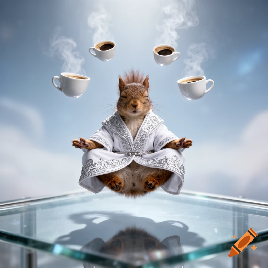 A meditating squirrel in a white wizard robe floats above a glass surface, surrounded by four steaming coffee cups. Photorealistic style.