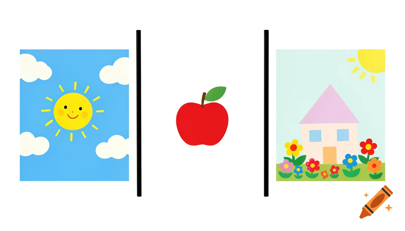 Three simple, childish illustrations side-by-side: a smiling sun in the sky, a red apple, and a house with colorful flowers.