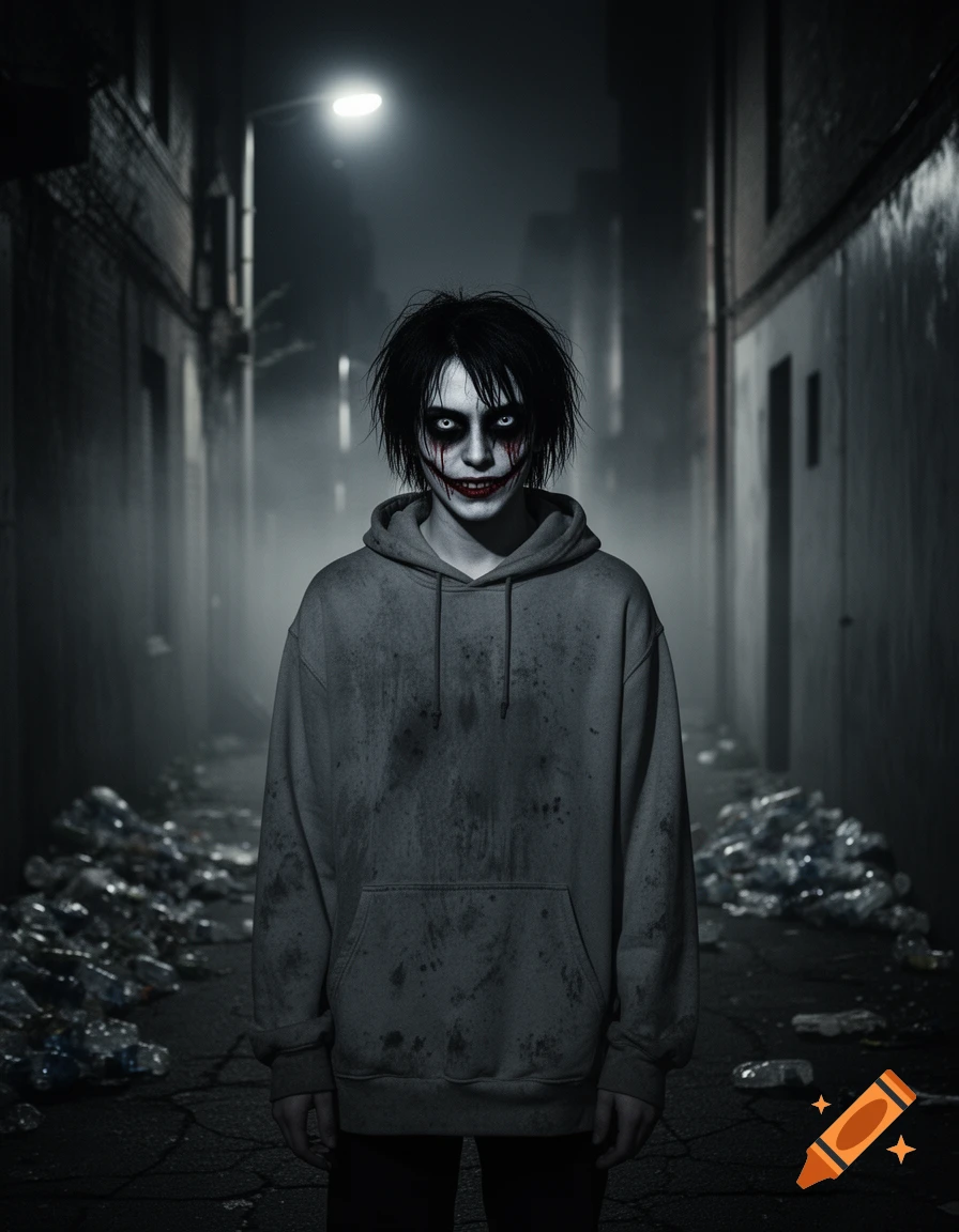 A scary person with pale skin, black hair, and a bloody smile stands in a dark, misty alley filled with trash.