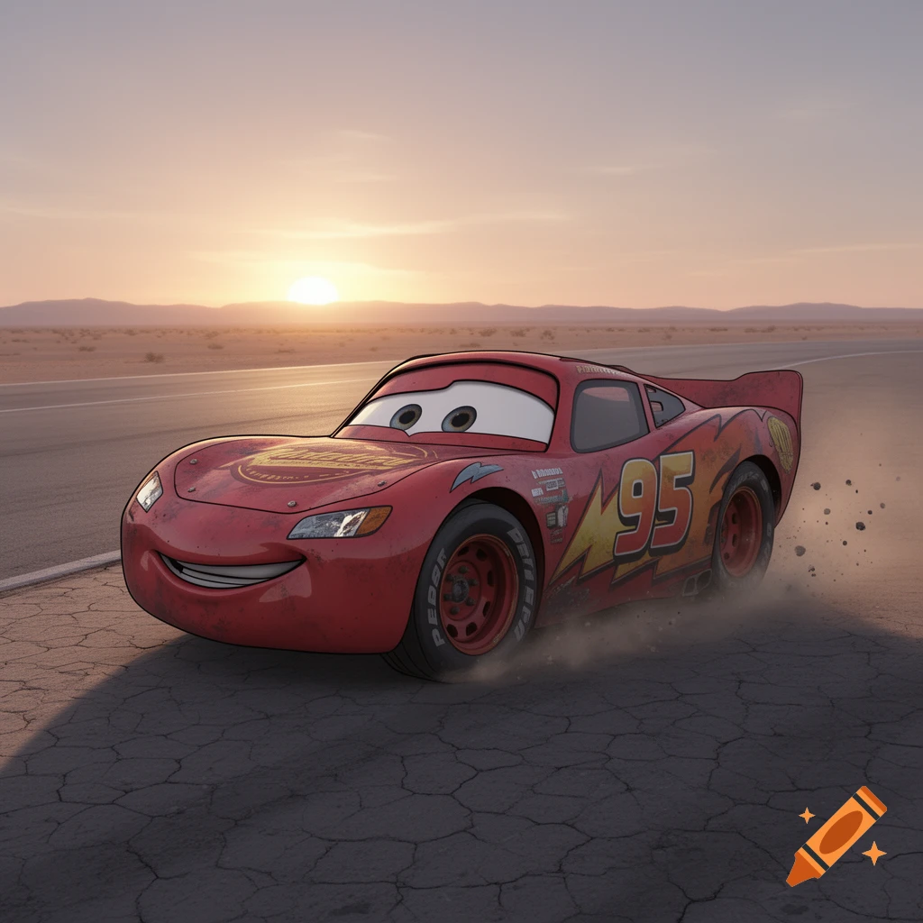Lightning McQueen cartoon car on a desert road at sunset, kicking up dust.