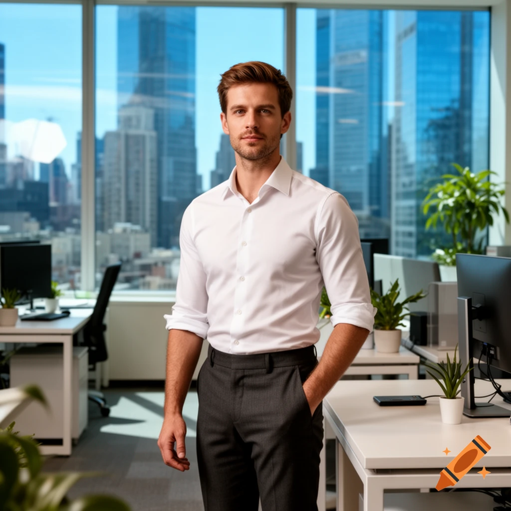A professional man in a white shirt and dark pants stands in a modern office with large windows overlooking a city.