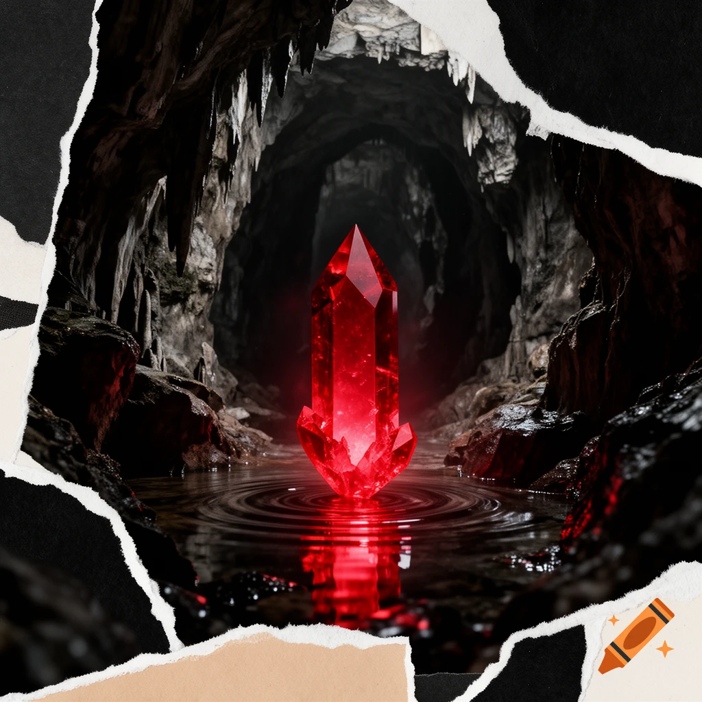 A glowing red crystal stands in rippling water inside a dark cave, surrounded by a surreal torn paper collage border.