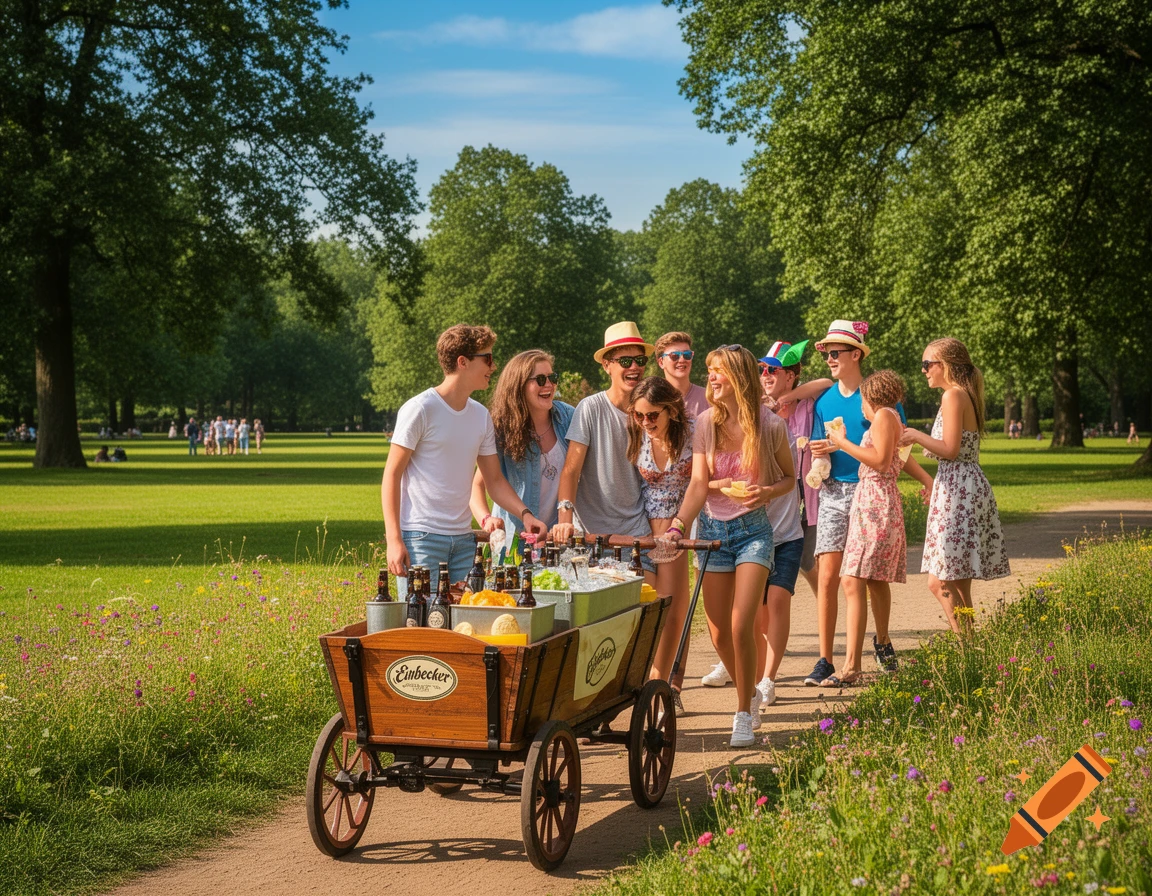 A group of young friends laughing and walking with a wooden wagon full of Einbecker beer and ice in a sunny park.