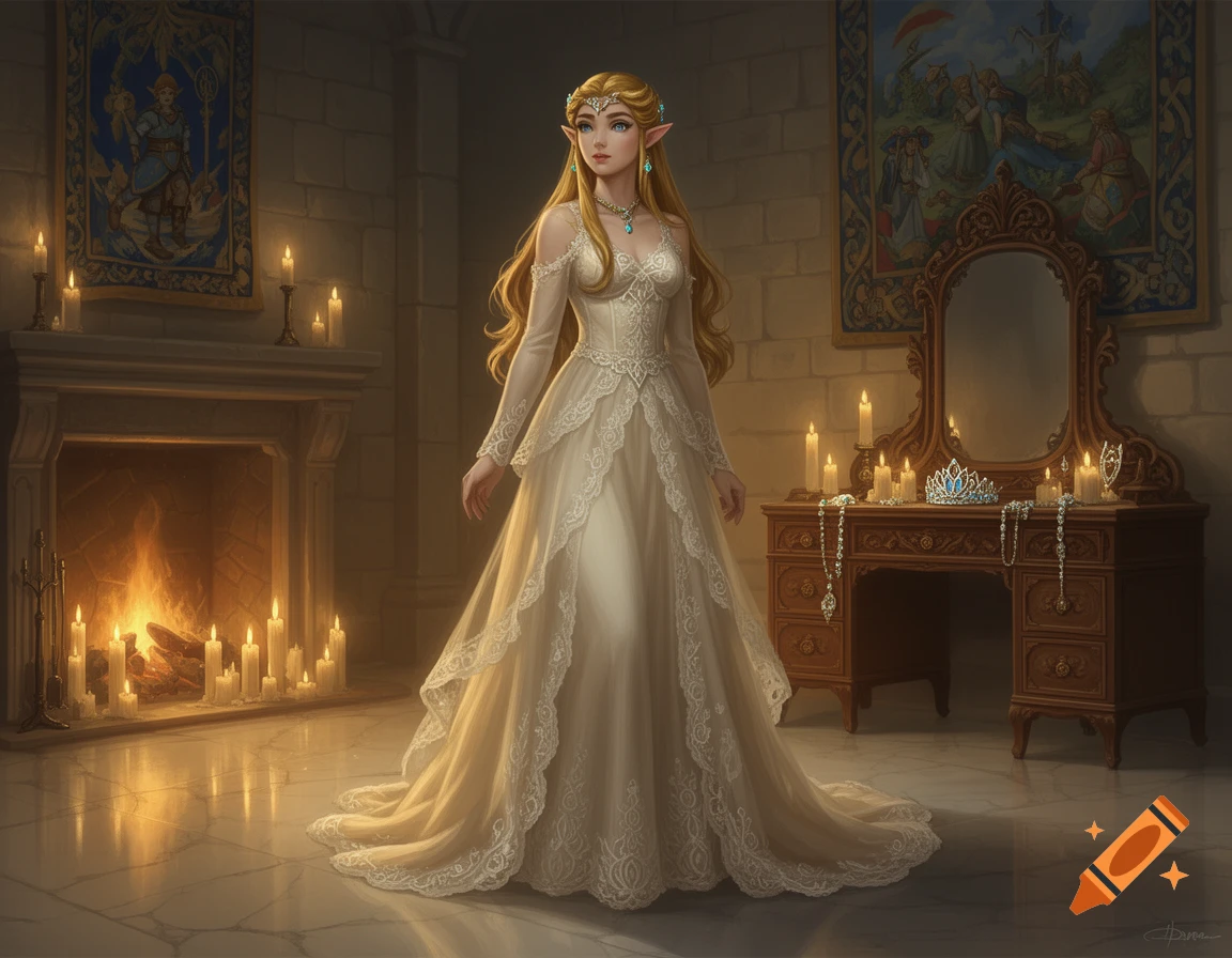 An elegant blonde elf woman in a flowing white gown stands in a candlelit castle room with a fireplace and dressing table.
