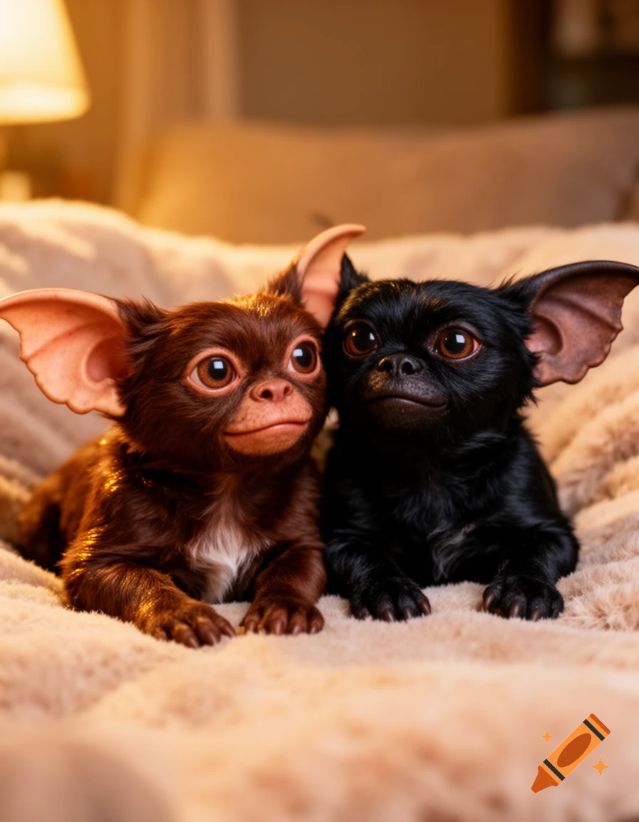 Two photorealistic, brown and black Gizmo-like fantasy creatures with large ears cuddle on a fluffy blanket in a warm setting.