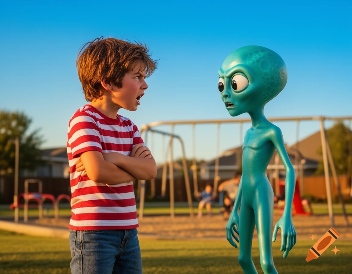 A boy in a striped shirt yells at a surprised green alien in a sunny park with playground equipment.