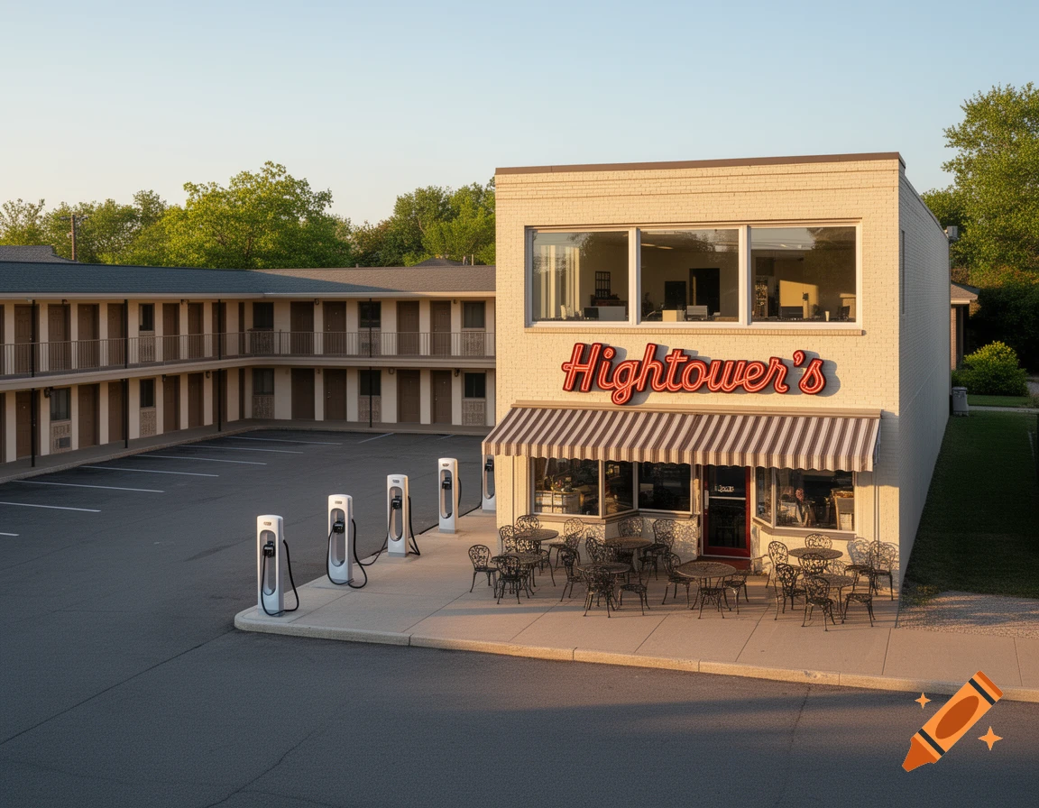 Photorealistic image of Hightower's diner with outdoor seating, an adjacent motel, and electric vehicle charging stations in a parking lot.