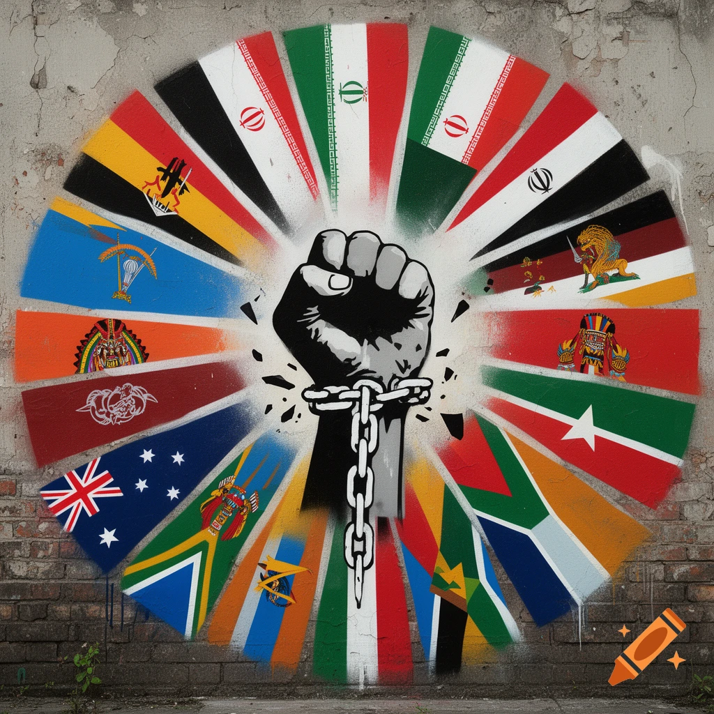 A Banksy-style stencil graffiti on a brick wall featuring a black raised fist breaking a white chain, surrounded by a circular arrangement of various national and indigenous flags like sunbeams.