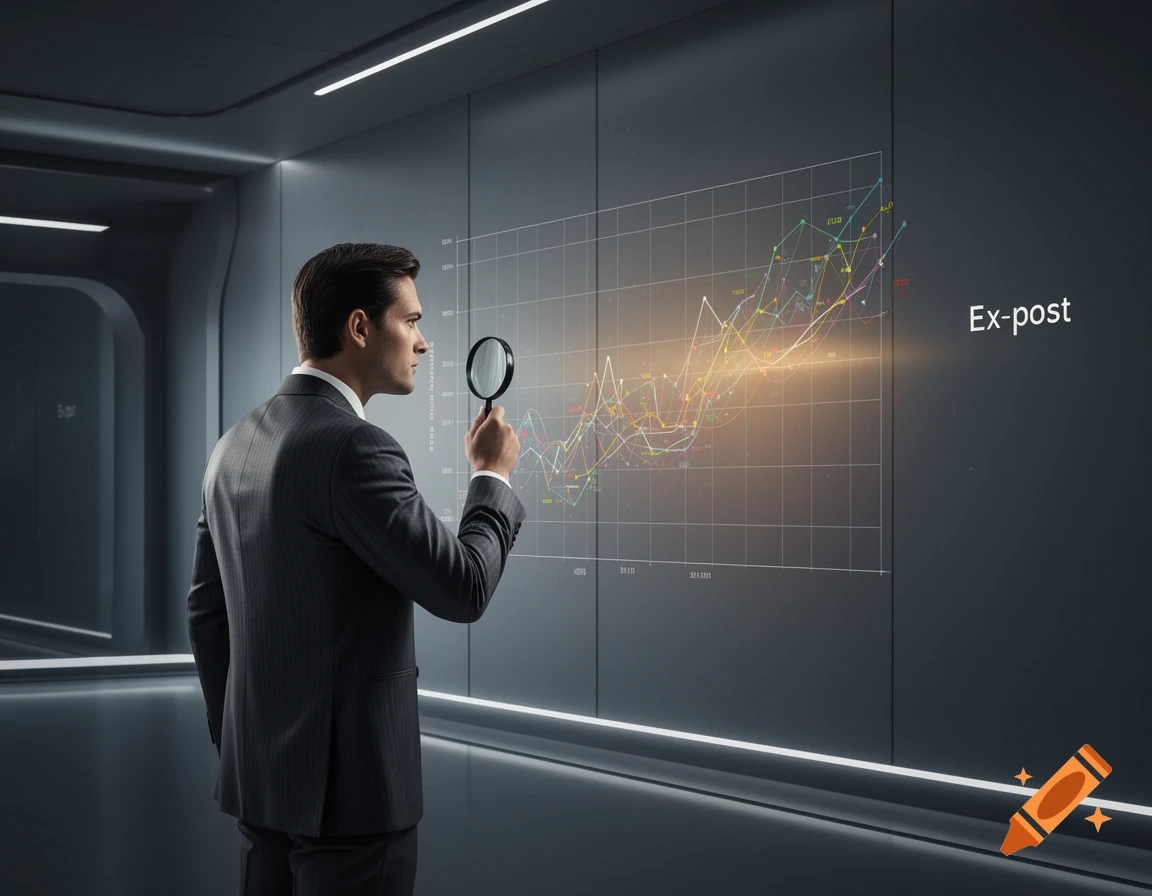 Businessman in a suit uses a magnifying glass to examine a glowing data chart on a dark wall in a modern office, with 'Ex-post' text.