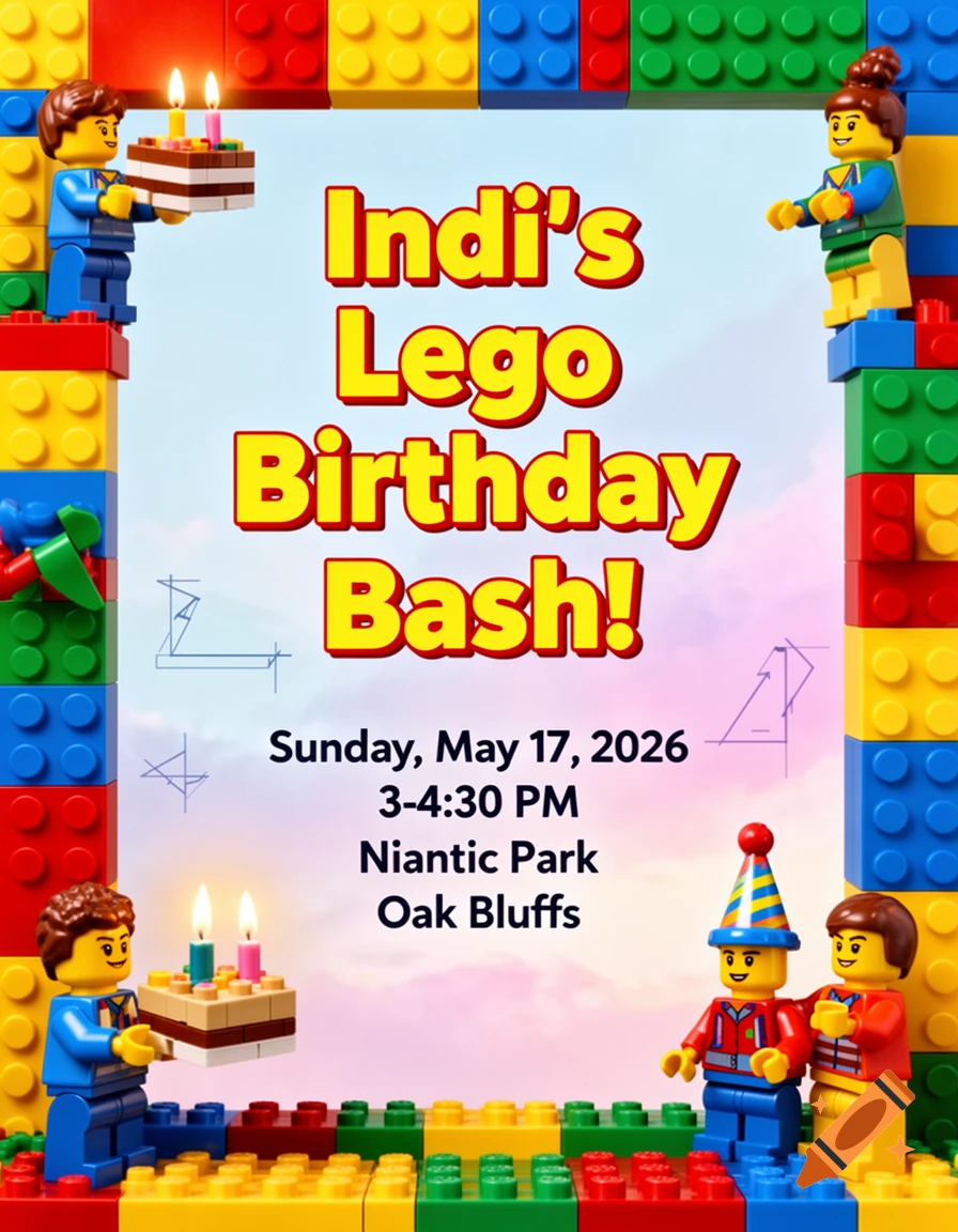 Lego-themed birthday invitation for Indi, featuring Lego figures and blocks framing event details.