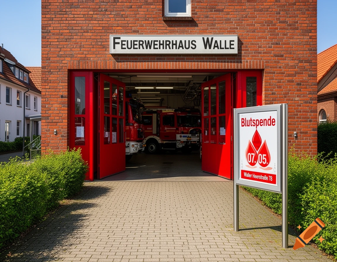 A photorealistic image of a red brick fire station with open garage doors showing fire trucks inside. A sign for a blood drive stands on the right.