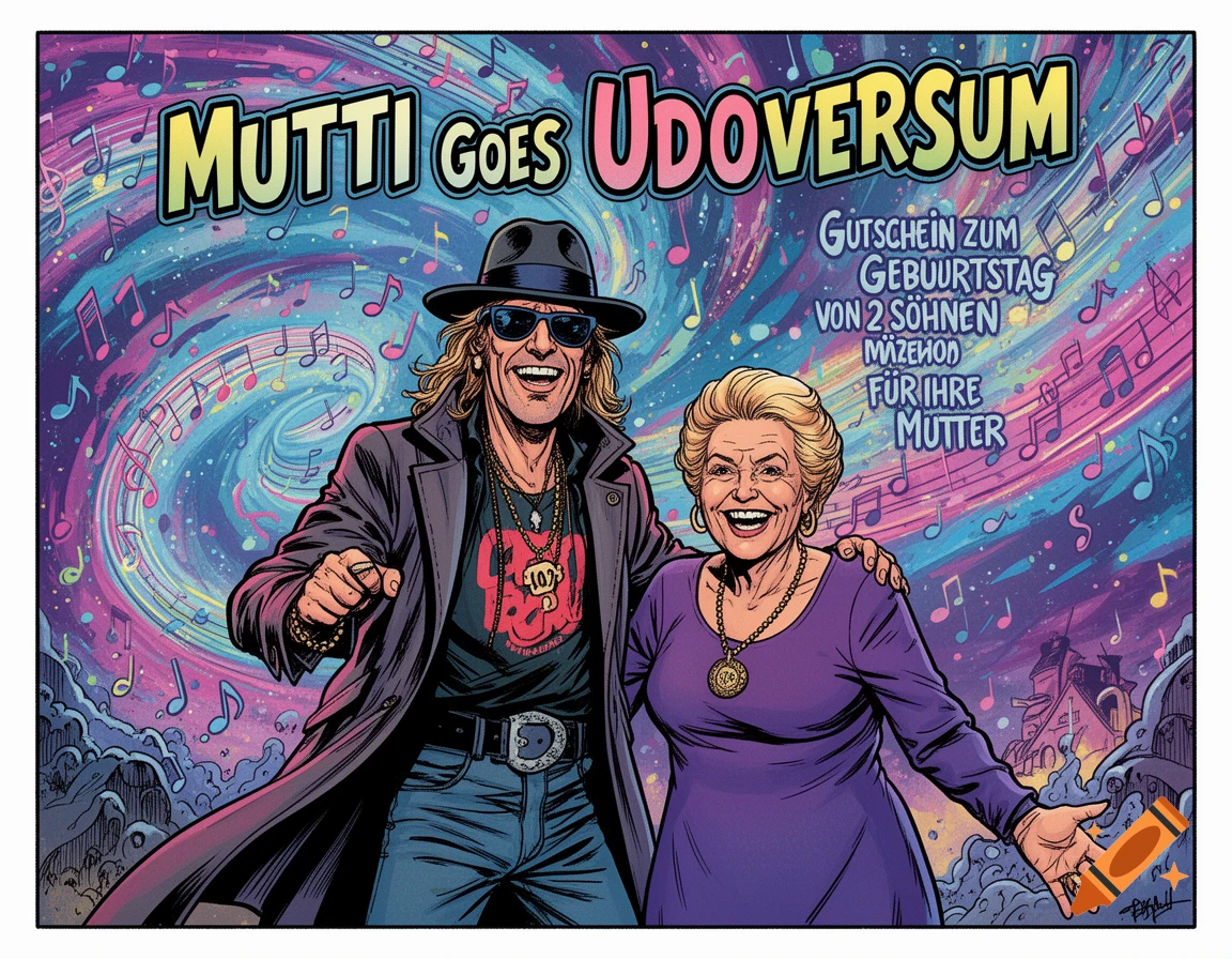 Comic art depicting German rock musician Udo Lindenberg with an older woman, smiling in front of a colorful, swirling background with musical notes.