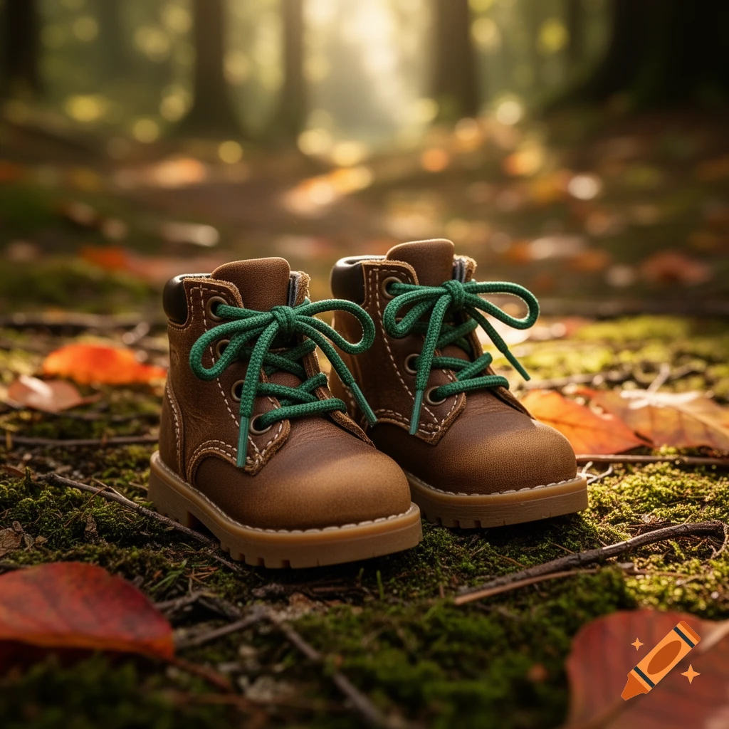 Brown leather mini hiking boots with green laces sit on a mossy forest floor with scattered autumn leaves.