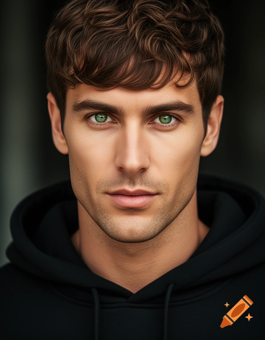 A photorealistic portrait of a man with brown wavy hair and striking ...