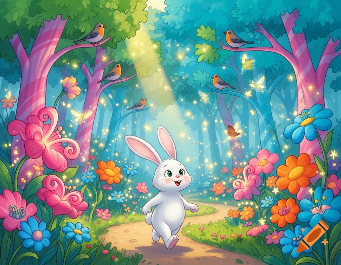 A cute white cartoon bunny hops along a path in a magical, vibrant forest filled with colorful flowers, glowing trees, and birds.