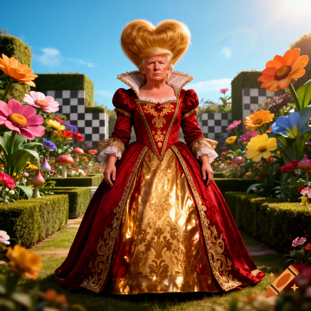 Donald Trump in a photorealistic Red Queen costume with a heart-shaped hairstyle, standing in a whimsical garden.