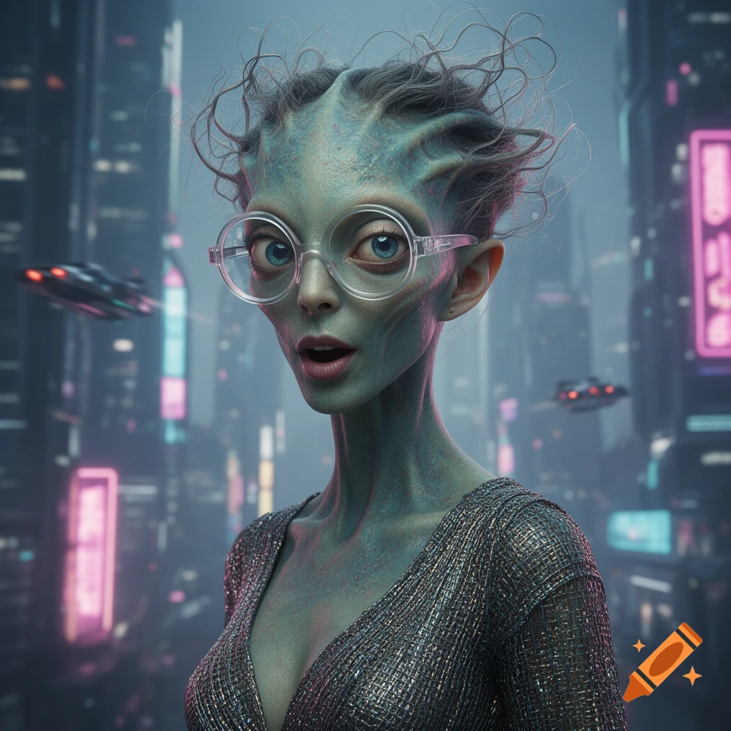 A blue-skinned alien woman with round clear glasses and wispy hair gazes ahead in a vibrant cyberpunk cityscape with flying vehicles.