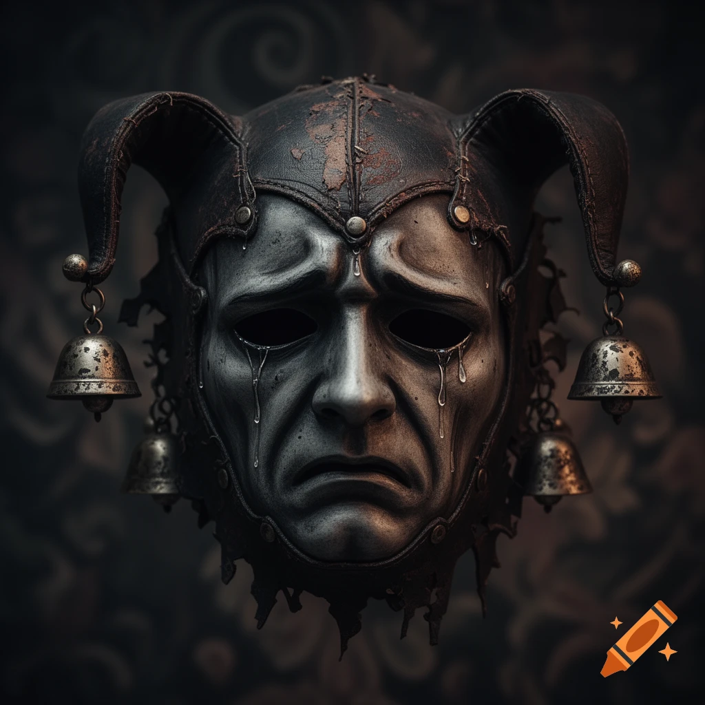 A dark, distressed jester mask with tears and small bells, rendered in a detailed, gritty style.