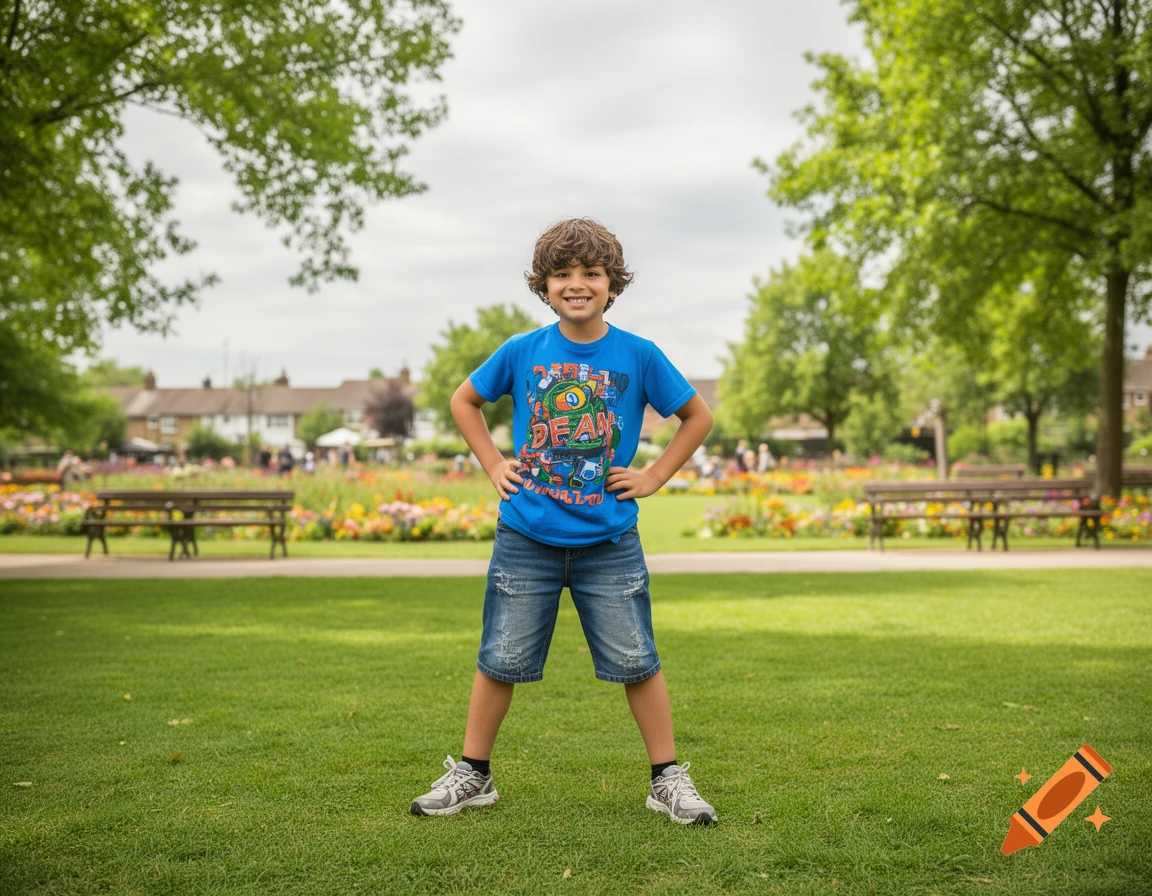 A smiling young boy with curly hair stands in a vibrant green park, hands on hips, wearing a blue graphic t-shirt and denim shorts.