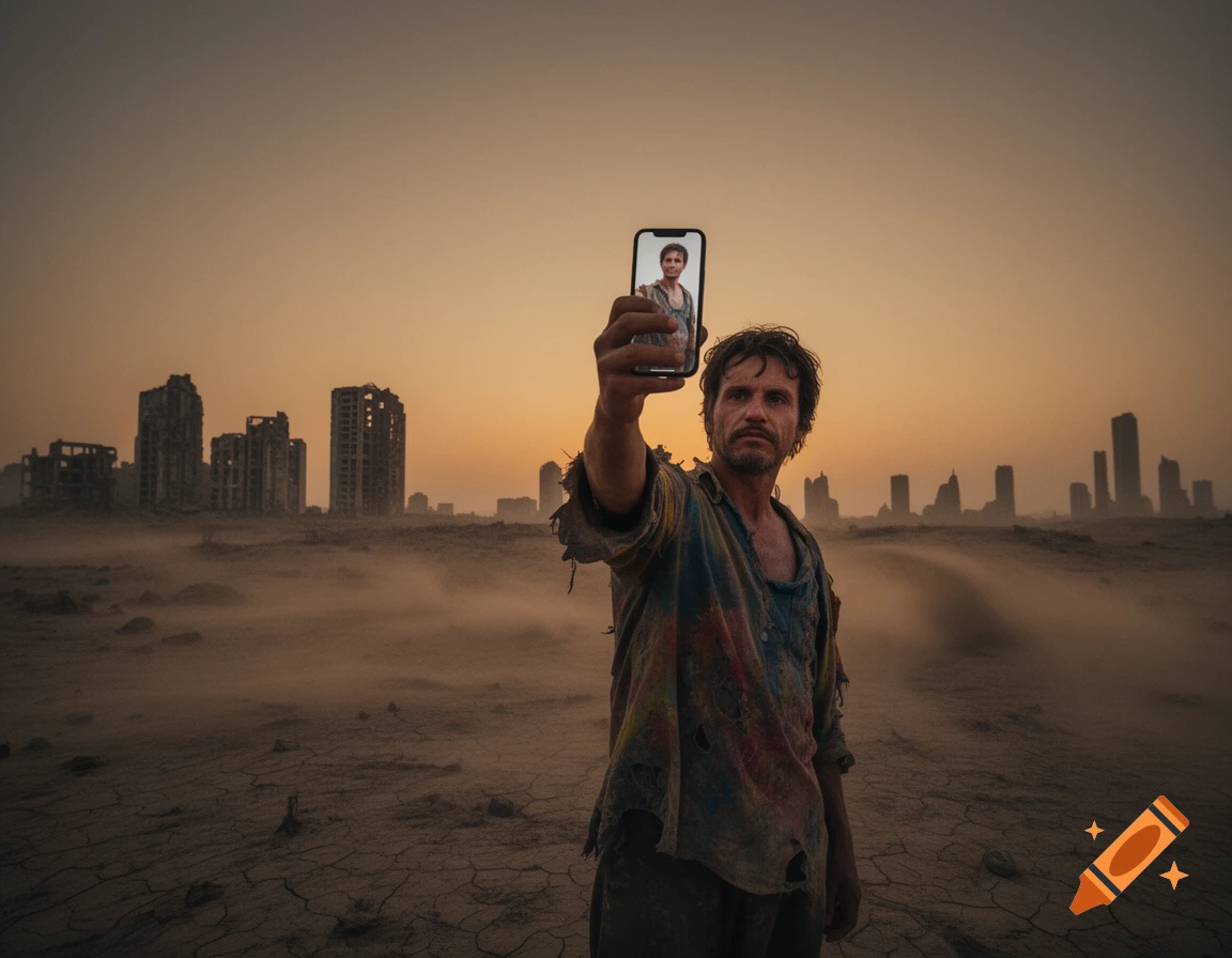 A man in tattered clothes takes a selfie with a phone, standing in a desolate, ruined city at sunset. Photorealistic.