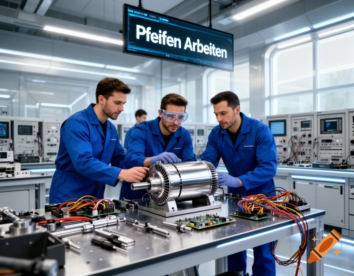 Three engineers in a lab assembling an engine prototype, with "Pfeifen Arbeiten" on a screen.