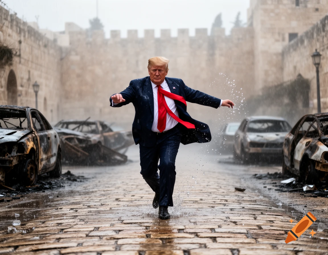 Photorealistic image of Donald Trump running on a wet cobblestone street in the rain, surrounded by wrecked cars and old city walls.