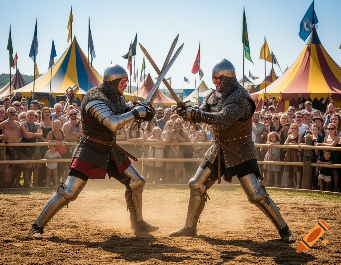 Two armored knights duel with swords in a dirt arena, surrounded by a cheering crowd and colorful tents.