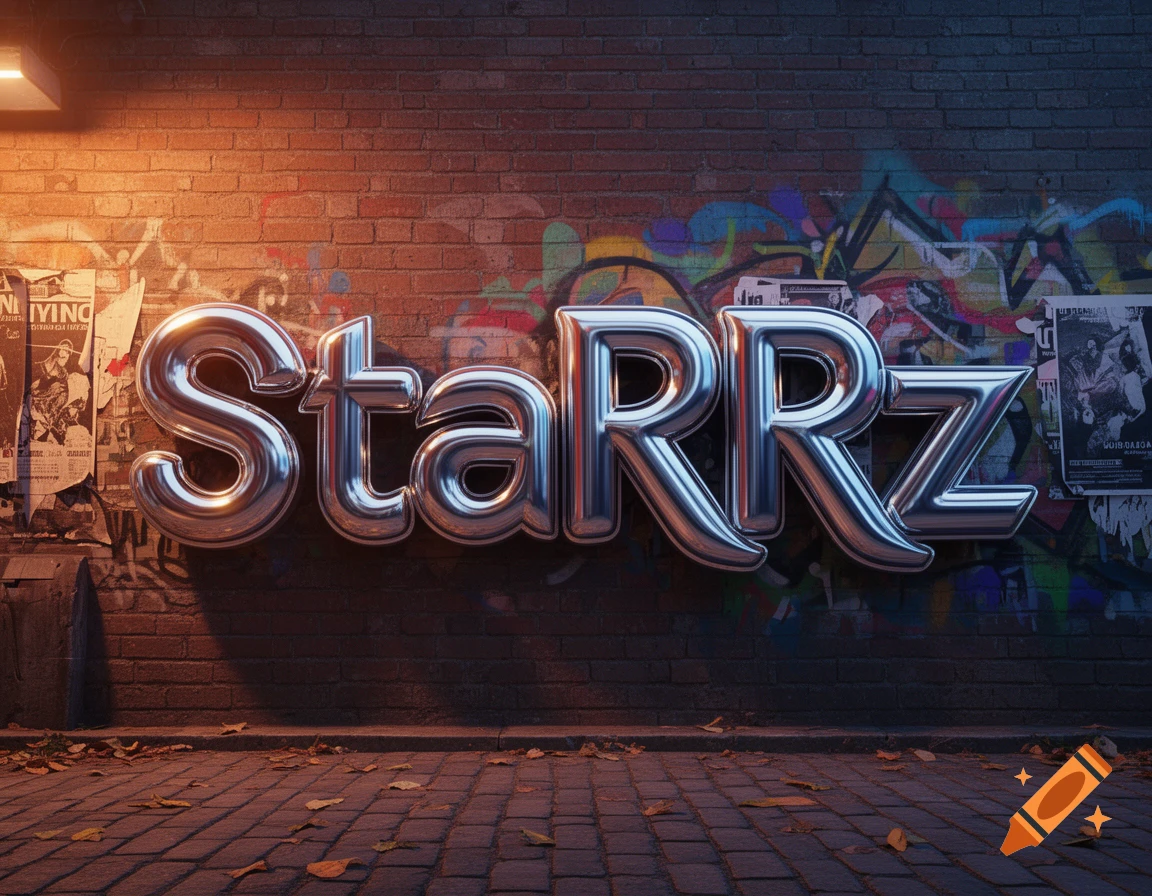Chrome 3D text 'StaRRz' on a graffiti-covered brick wall above a paved street with fallen leaves.
