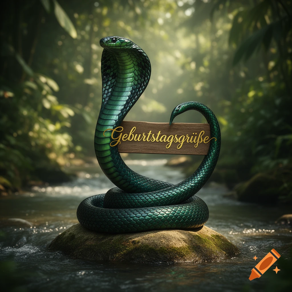 A majestic green cobra coiled on a mossy rock in a jungle river, holding a wooden sign with "Geburtstagsgrüße" (Birthday Greetings) in golden script.