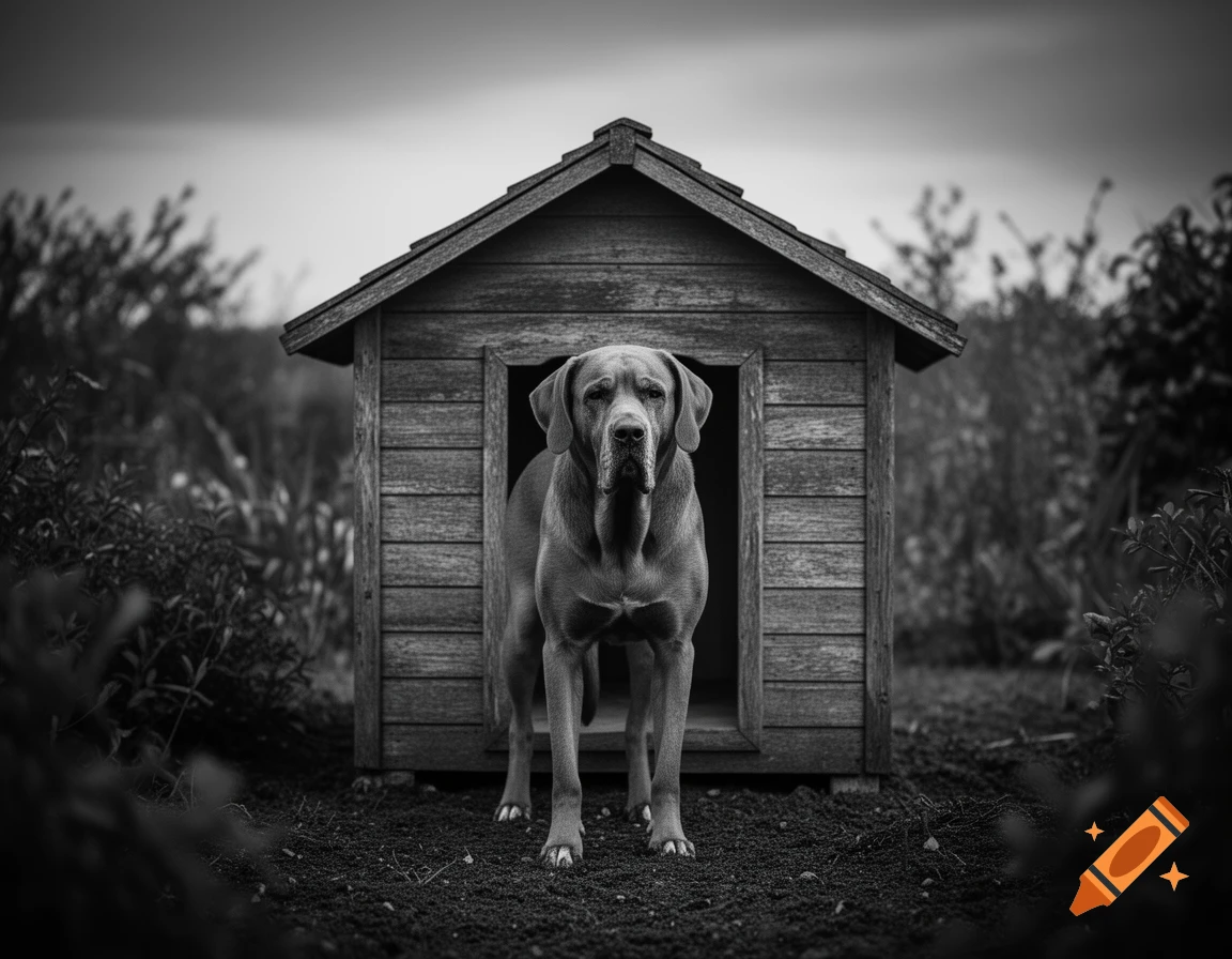 A large dog stands inside a wooden doghouse in a garden, in a black and white photograph.
