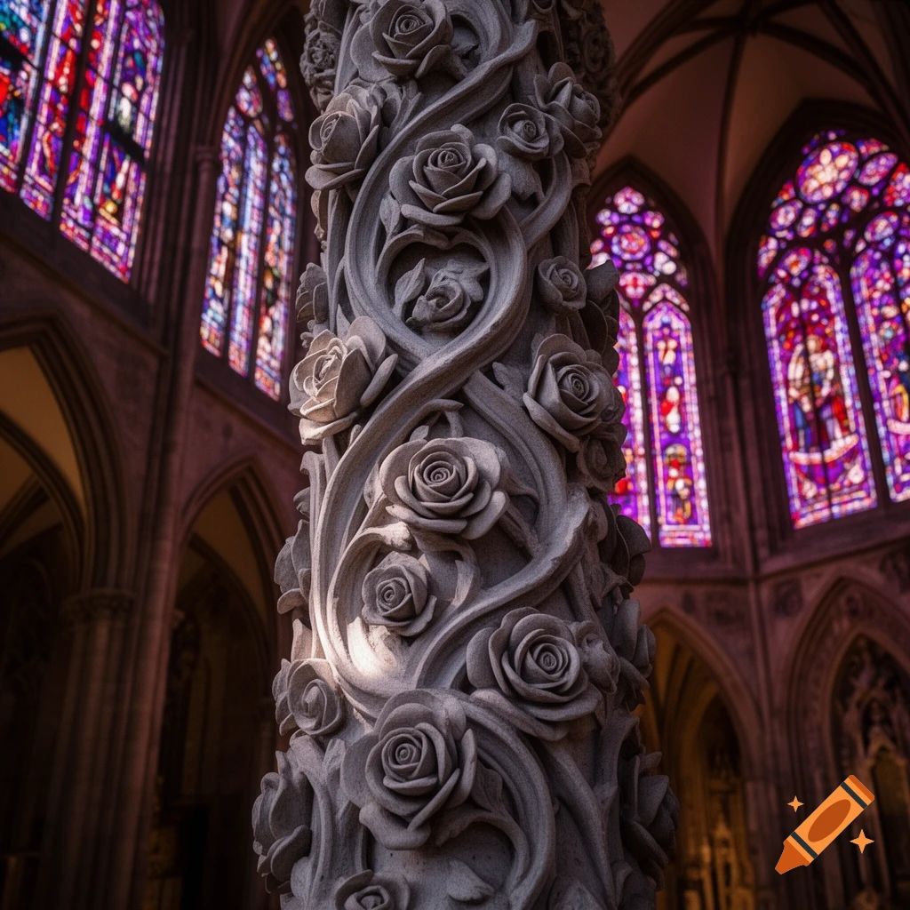 Ornate stone column intricately carved with roses in a gothic church with vibrant stained glass windows.