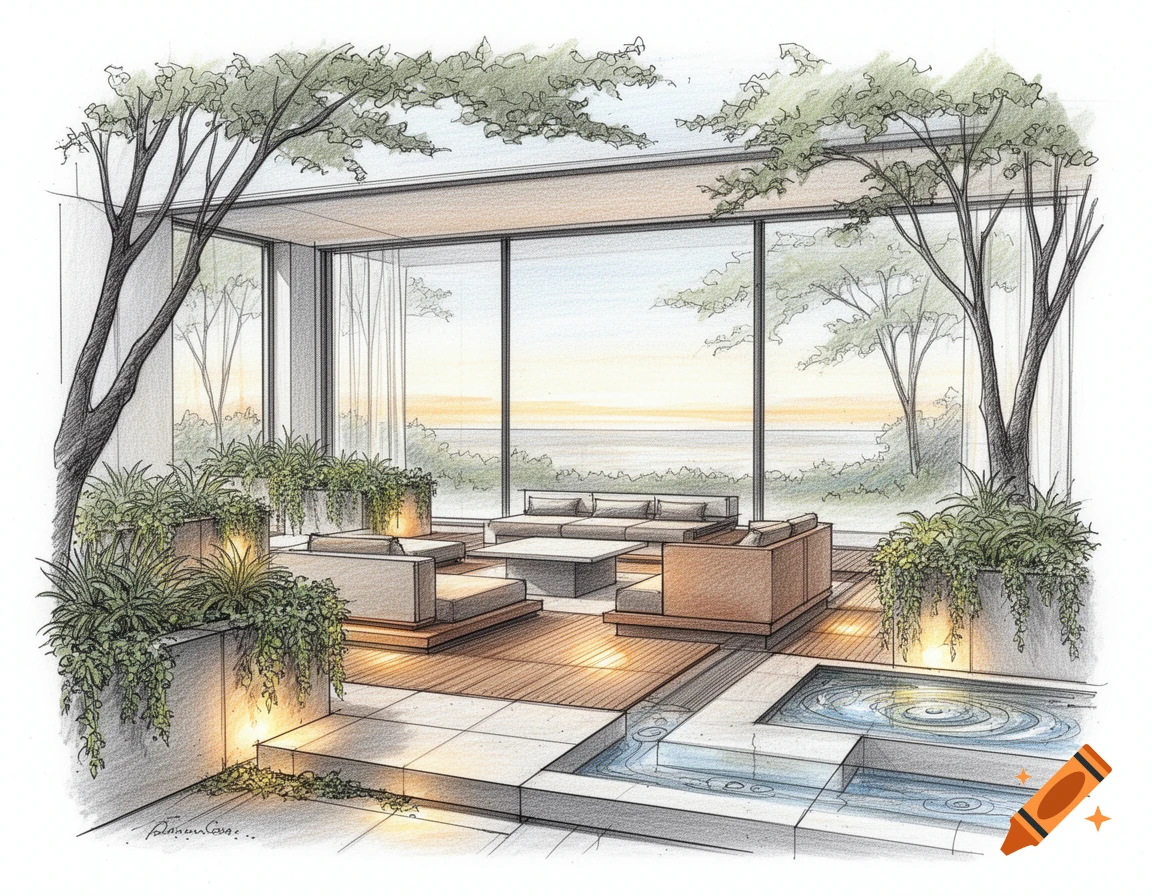 Architectural sketch of a modern indoor-outdoor living space with large windows, trees, plants, and a small pool overlooking an ocean sunset.