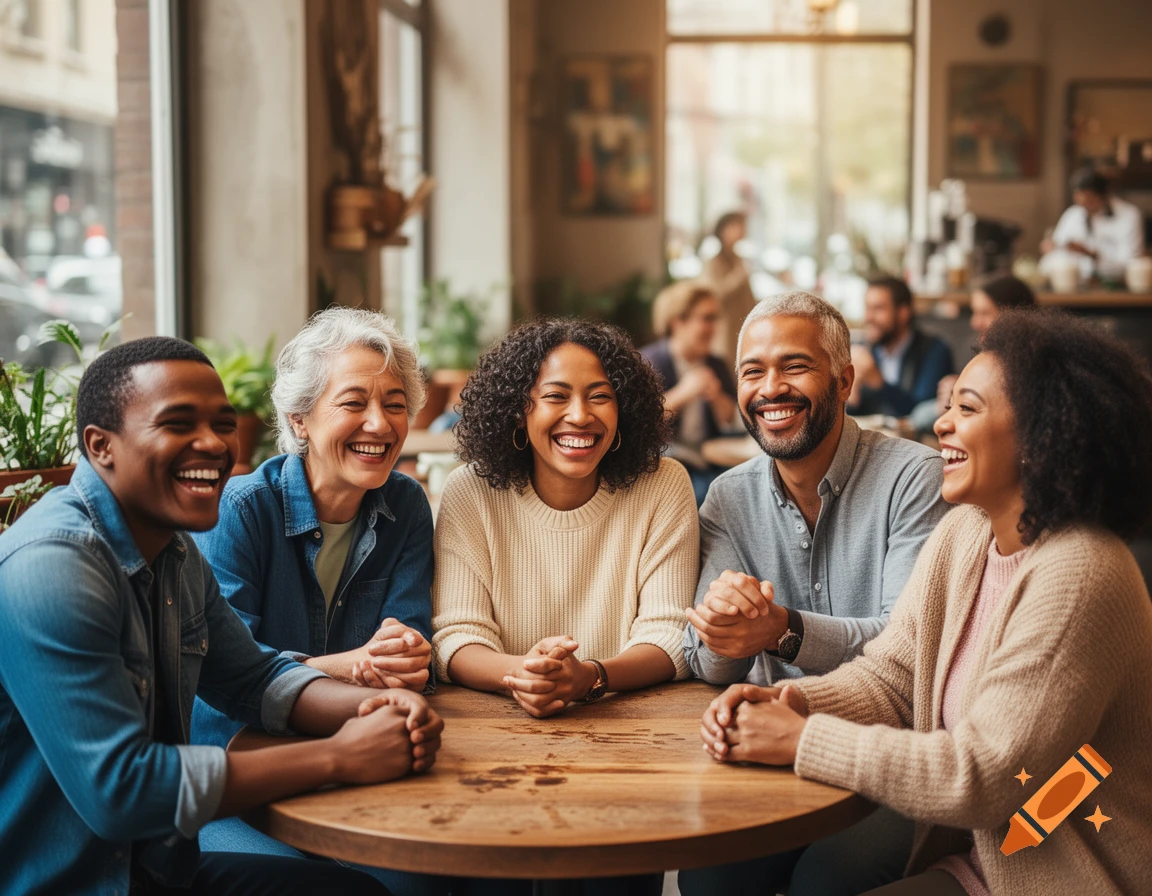A diverse group of five smiling friends laughing and socializing at a table in a bright cafe.