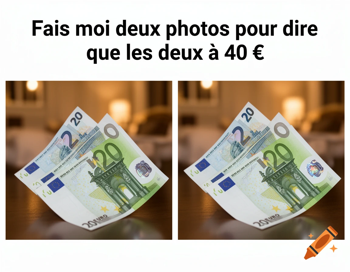 Two identical images of two 20 Euro banknotes on a table, with a French text overlay stating 'Fais moi deux photos pour dire que les deux à 40 €'.