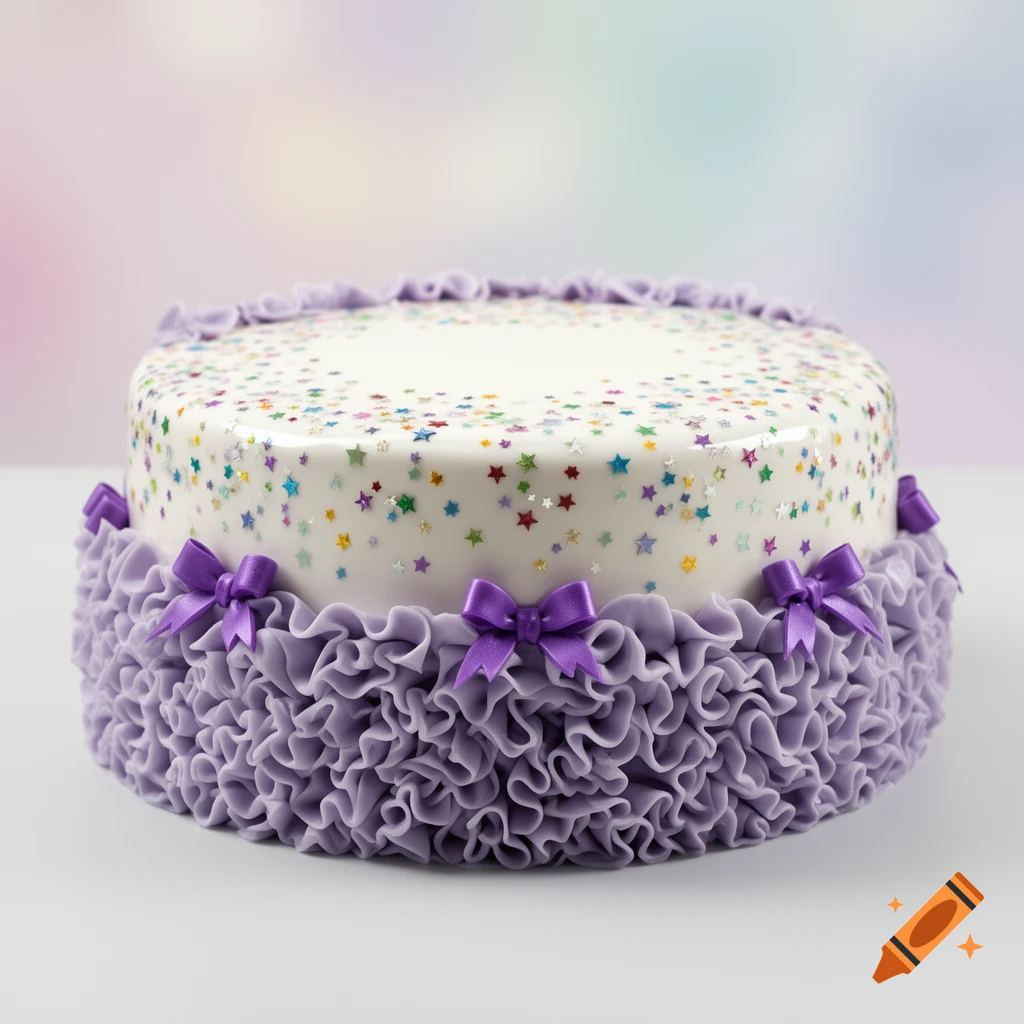 A round white cake with lavender ruffles, purple bows, and colorful star sprinkles.