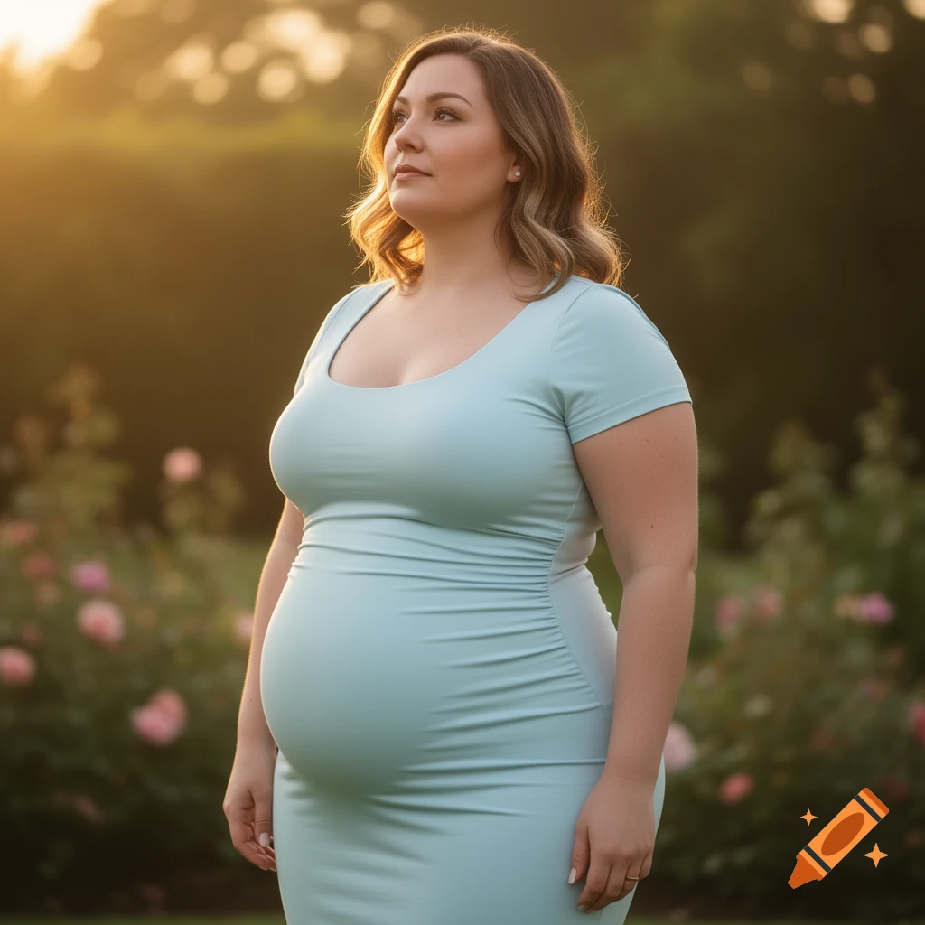 A pregnant woman in a light blue ruched dress stands in a sunny garden, looking towards the golden light.