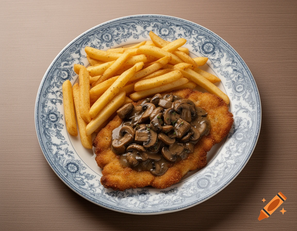 Photorealistic image of Jägerschnitzel topped with mushroom sauce, served with french fries on a decorative plate.