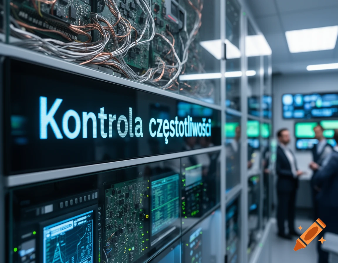 Photorealistic view inside a modern control room with glowing screens, circuit boards, wires, and blurred figures of people in the background.