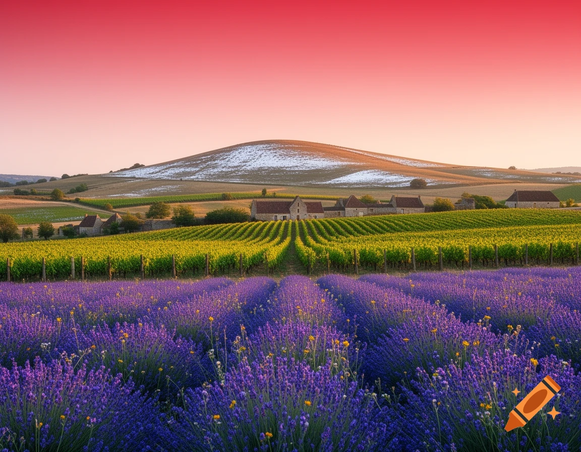 A panoramic view of purple lavender fields in the foreground, green vineyards, distant farmhouses, and a snow-dusted hill under a vivid red sky.