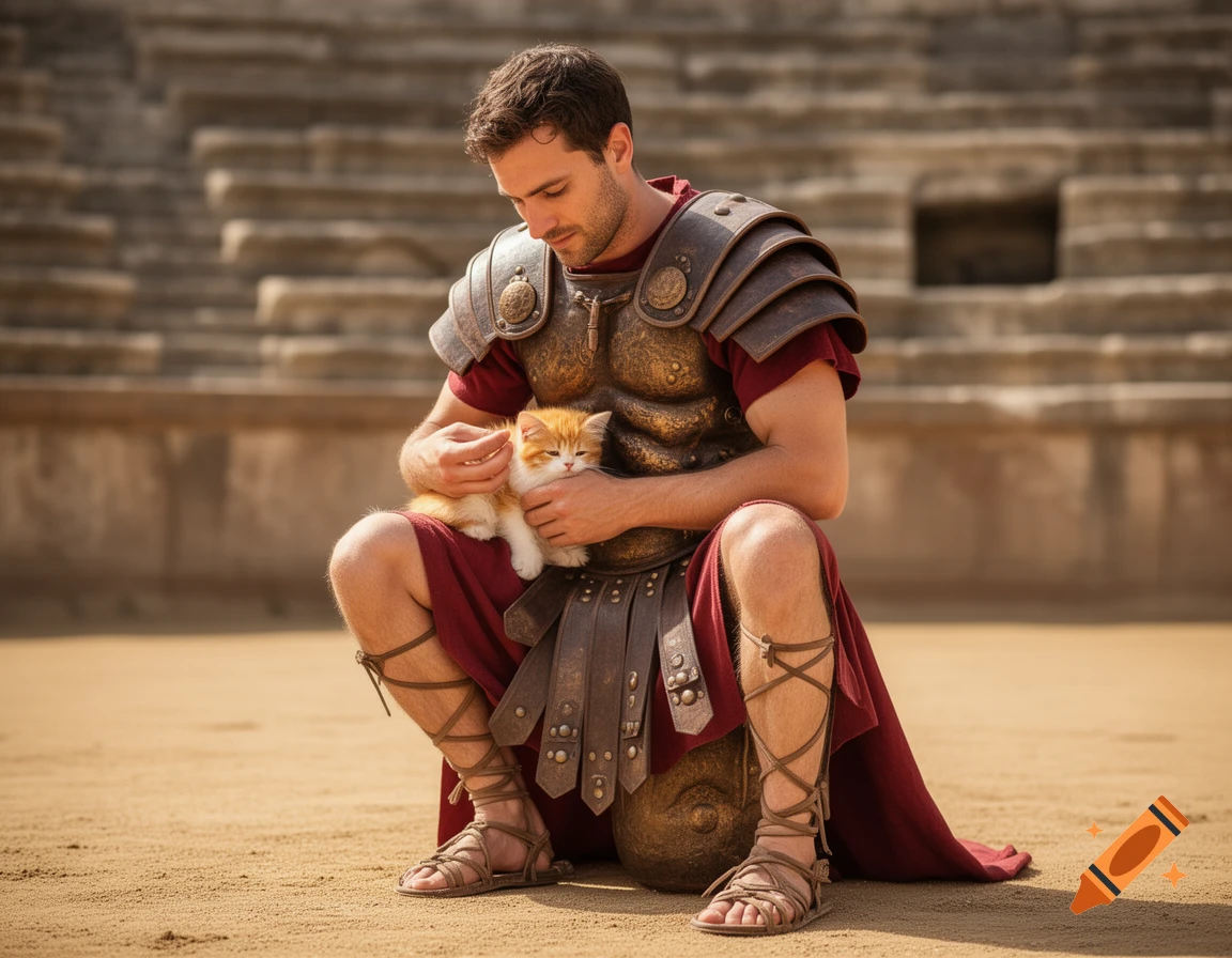 A man in Roman armor crouches on sand, gently stroking an orange and white kitten in his lap, with ancient ruins in the background.