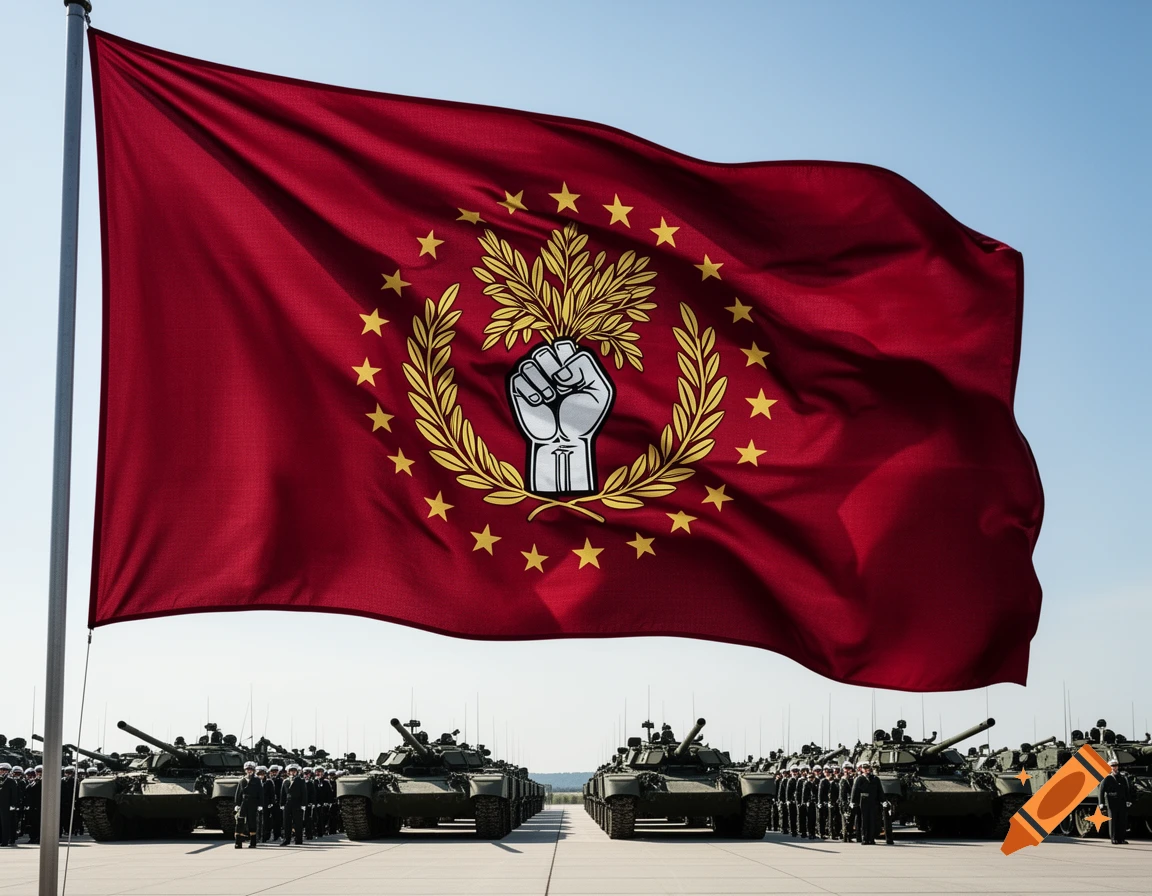 A large red flag featuring a central emblem of a raised fist holding wheat, surrounded by a golden wreath and stars, flies over a military parade of tanks and soldiers.