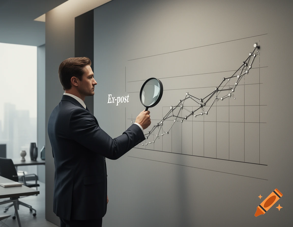 A businessman in a suit uses a magnifying glass to examine an 'Ex-post' sales chart on an office wall.