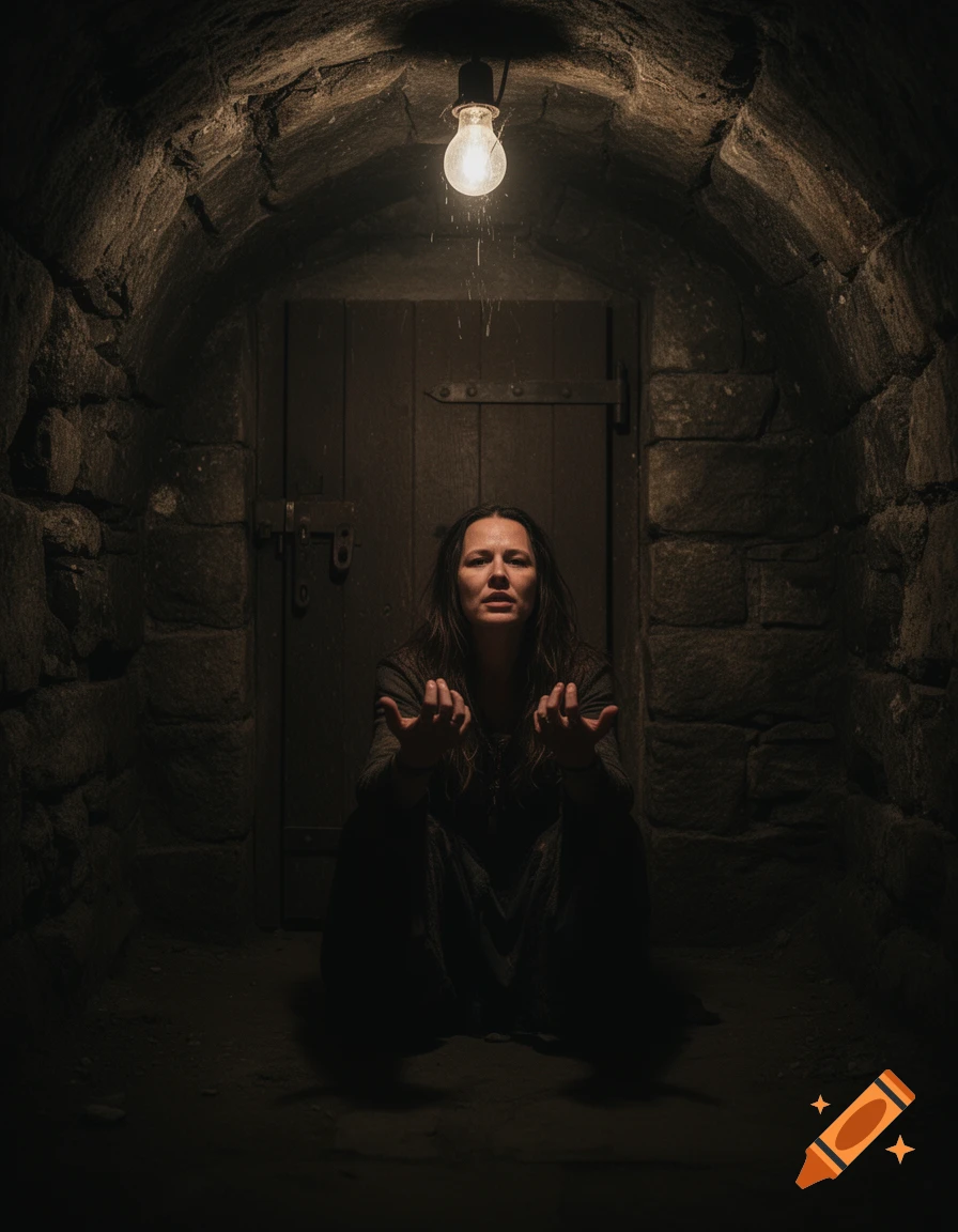 A distressed woman with raised hands sits on the floor of a dark, stone-walled medieval prison cell, lit by a single bare lightbulb.