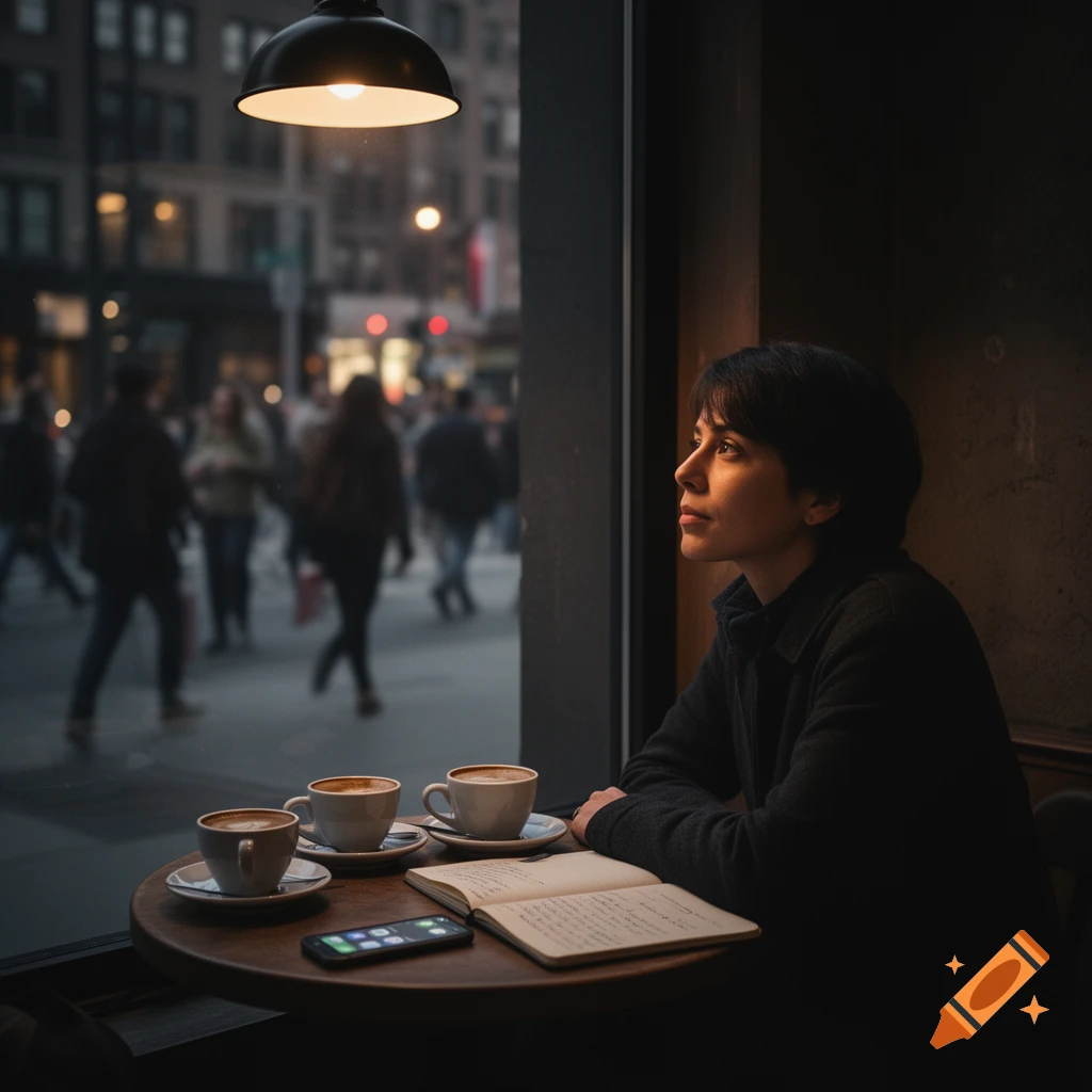 A person with short dark hair sits in a cafe by a window, looking out at a blurred city street, with coffee cups and an open notebook on the table.