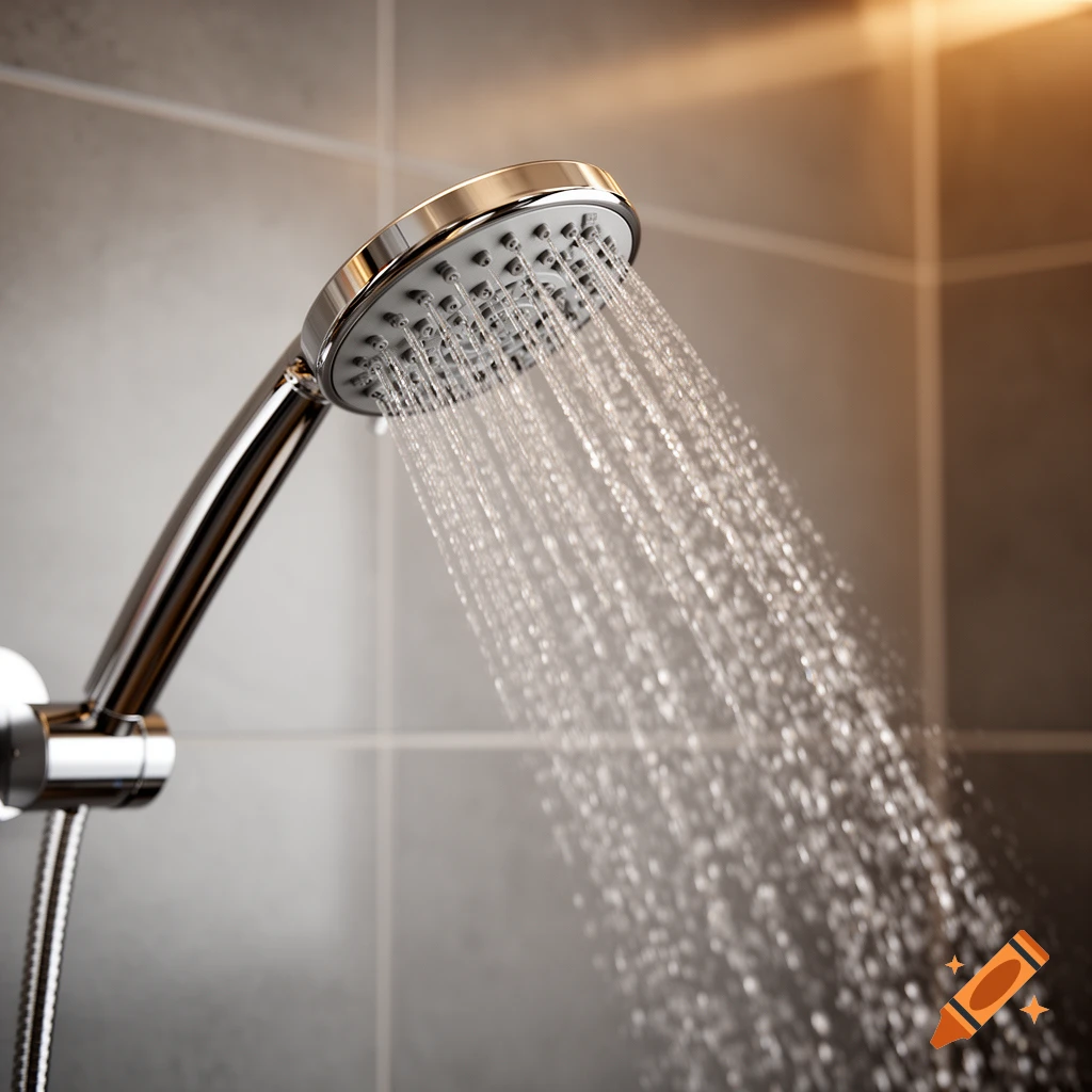 A close-up of a chrome shower head spraying water against a tiled bathroom wall, with warm light reflecting.