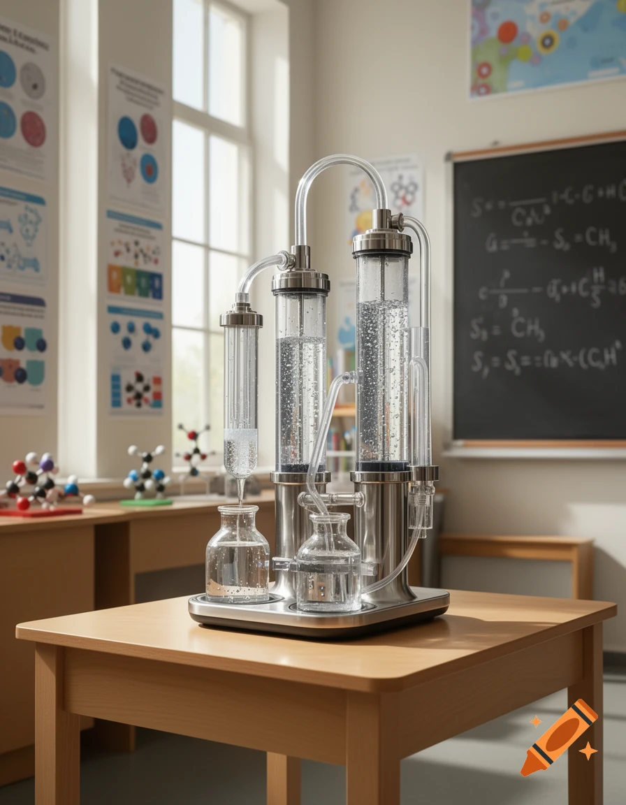 A photorealistic water purification apparatus on a wooden table in a sunlit science classroom with a blackboard and posters.