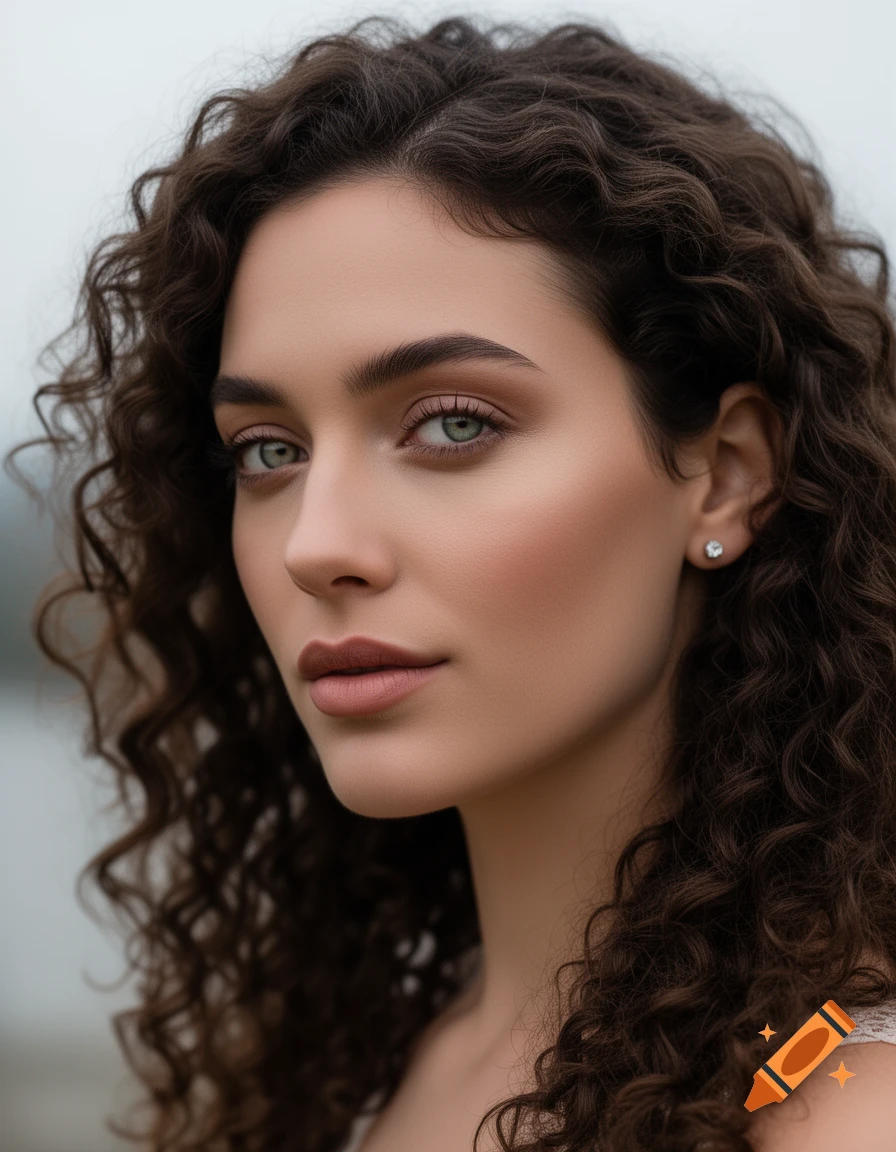 Photorealistic close-up portrait of a woman with long, curly brown hair, light green eyes, and soft makeup.