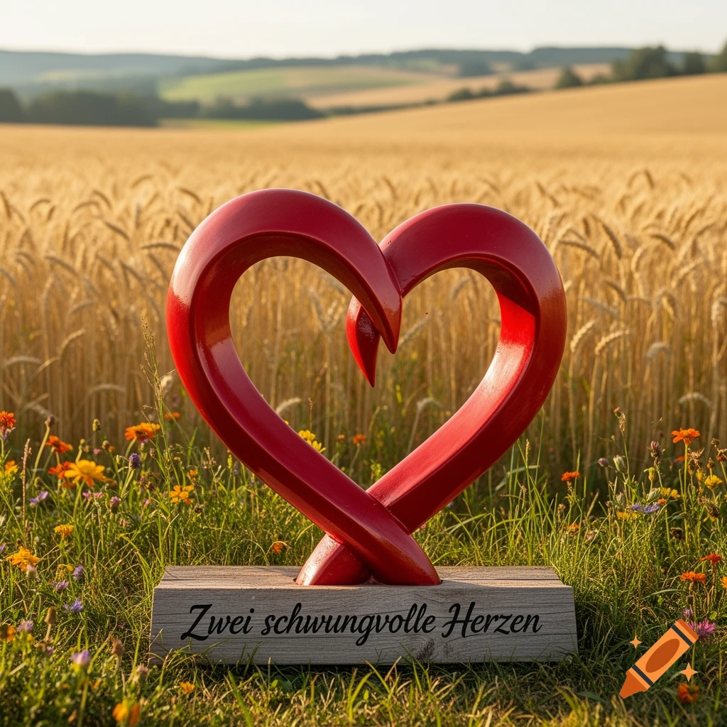 A red heart-shaped sculpture stands on a wooden base with text 'Zwei schwungvolle Herzen' in a golden wheat field with wildflowers under a clear sky.