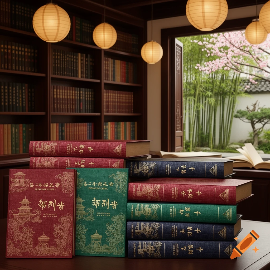 A collection of red, green, and blue books titled 'Essays of China' on a table in a library with hanging lanterns and a garden view.