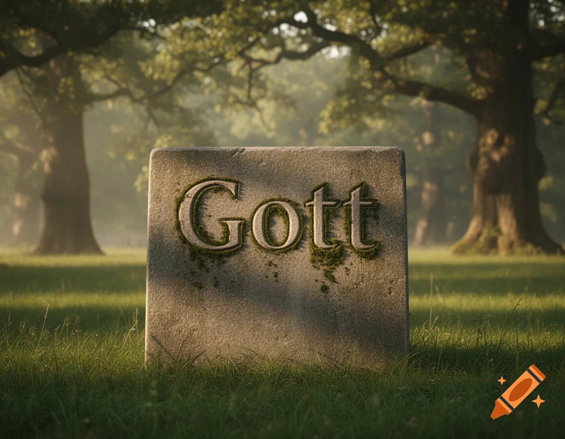 A weathered tombstone with moss-covered letters spelling "Gott" stands in a lush, misty green forest bathed in sunlight.